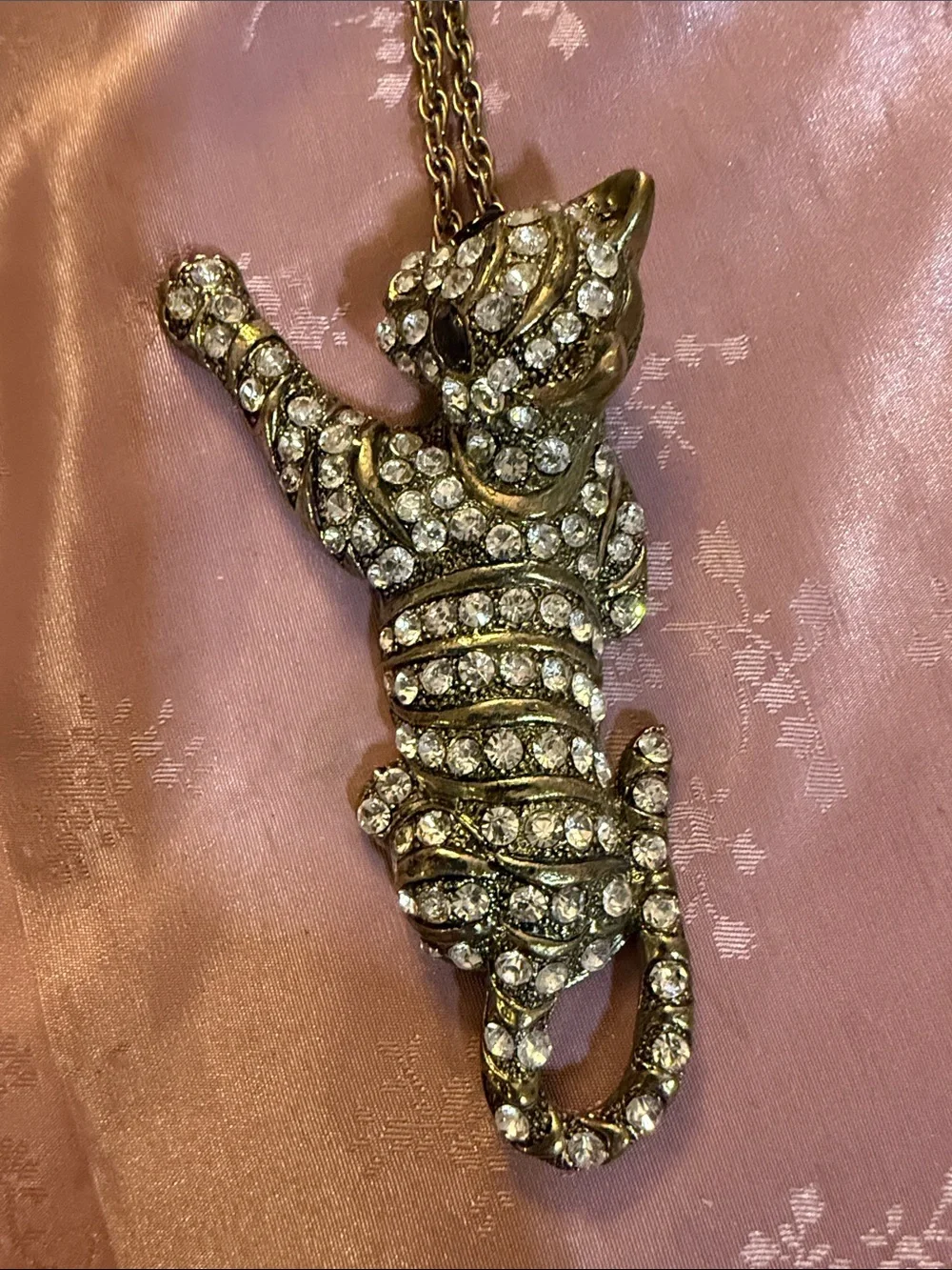 Crystal-Embellished Cat Pendant Necklace - Gold Tone